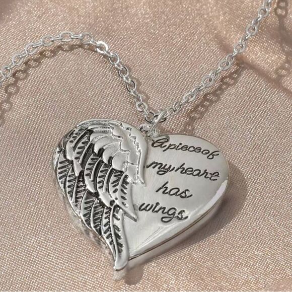 Silver Plated Memorial Heart With Wings Necklace - Picture 3 of 5